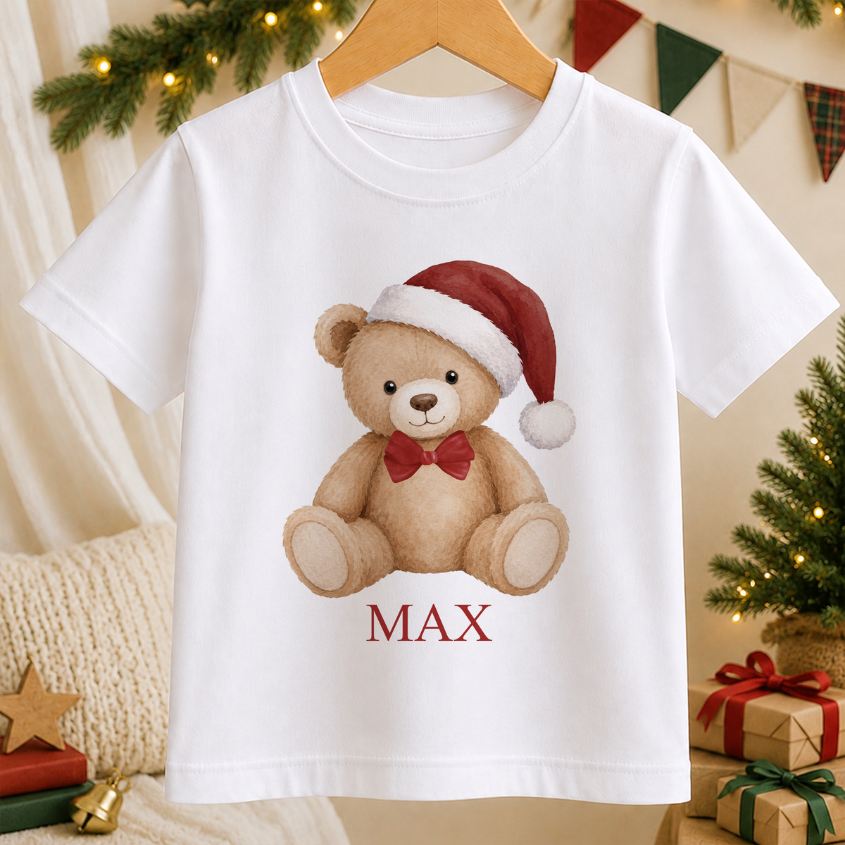 Personalised Classic Santa Hat Teddy kids Christmas t-shirt in white with a custom name