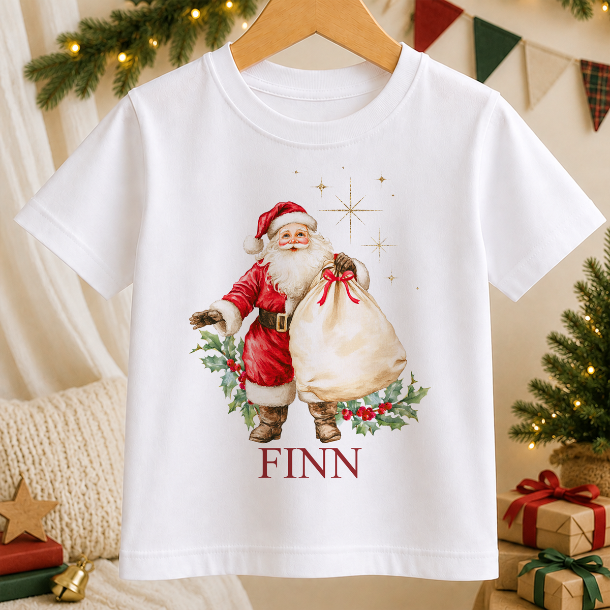 Personalised Vintage Father Christmas kids Christmas t-shirt in white with a custom name