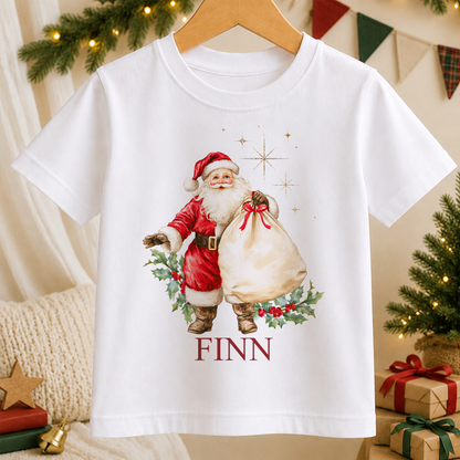 Personalised Vintage Father Christmas kids Christmas t-shirt in white with a custom name