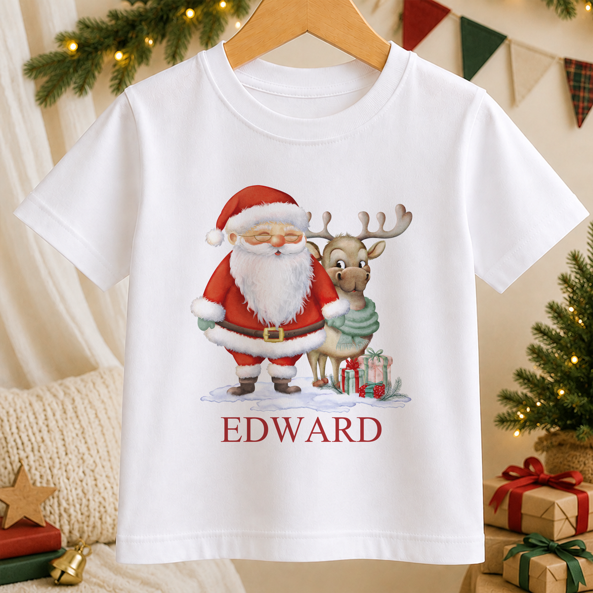 Personalised Santa and Reindeer kids Christmas t-shirt in white with a custom name