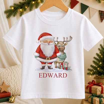Personalised Santa and Reindeer kids Christmas t-shirt in white with a custom name