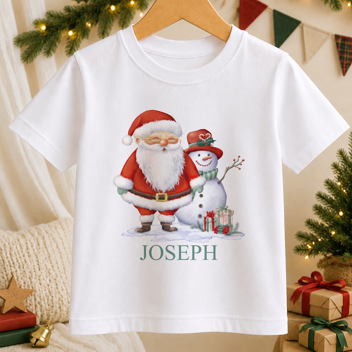 Personalised Santa and Snowman kids Christmas t-shirt in white with a custom name