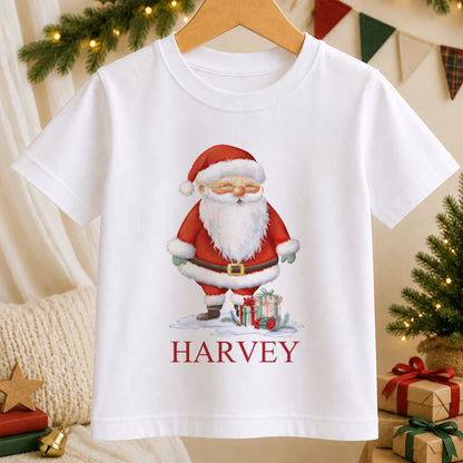 Personalised Santa with Gifts kids Christmas t-shirt in white with a custom name