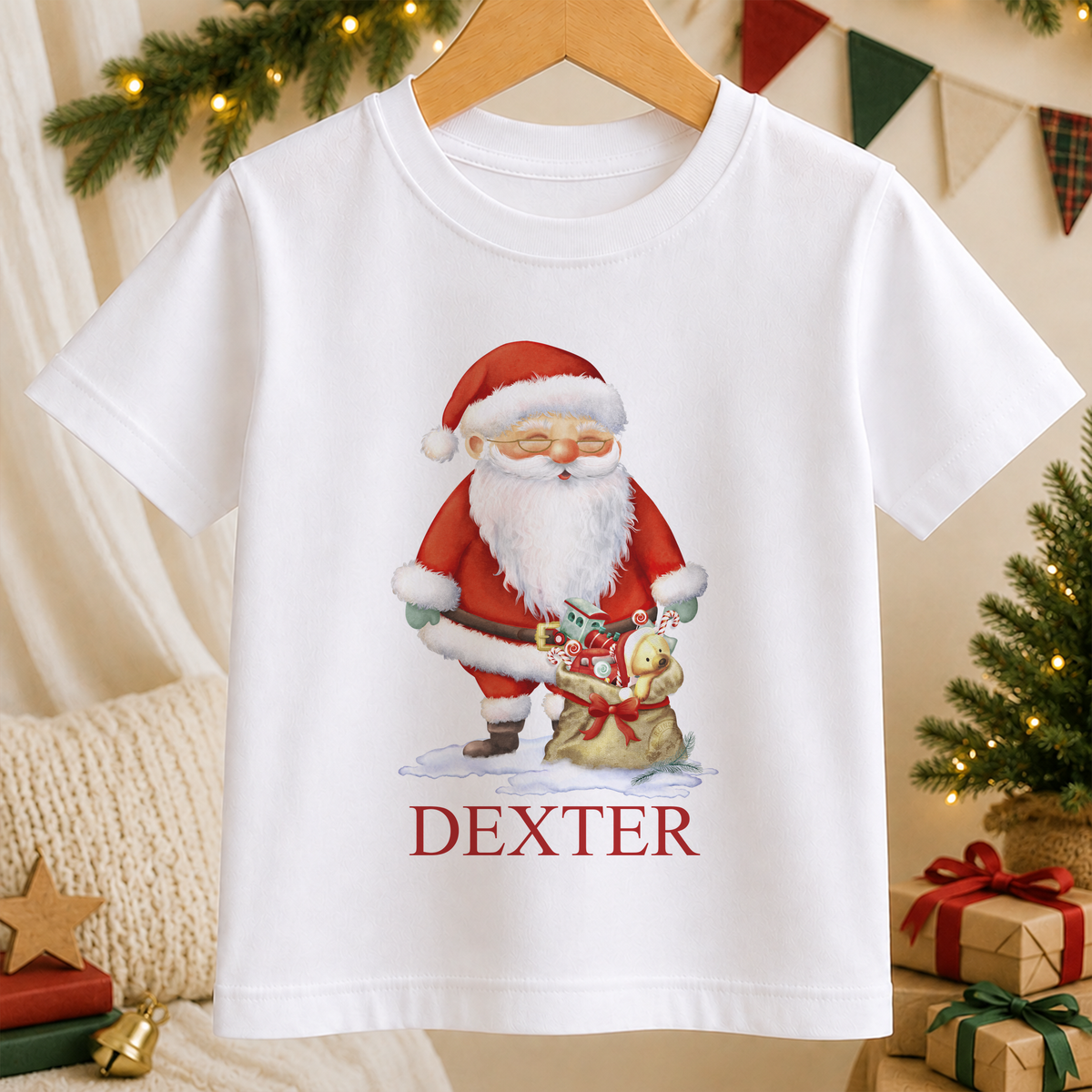 Personalised Santa and Toy Sack kids Christmas t-shirt in white with a custom name