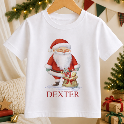 Personalised Santa and Toy Sack kids Christmas t-shirt in white with a custom name