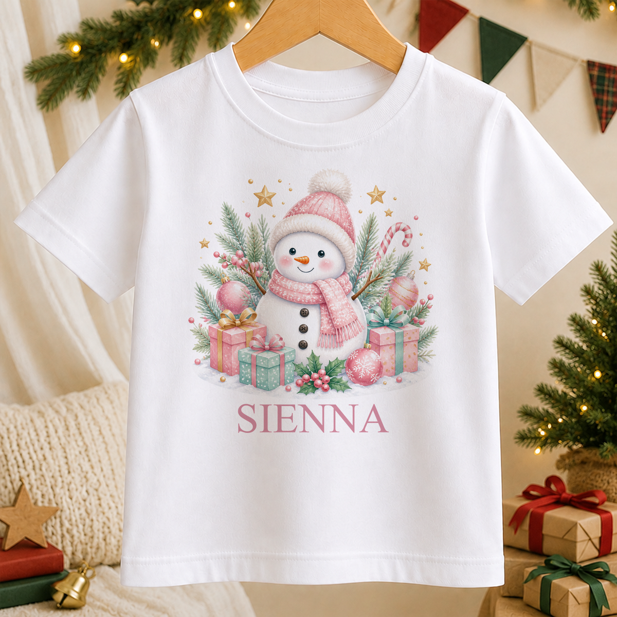 Personalised Pink Snowman kids Christmas t-shirt in white with a custom name