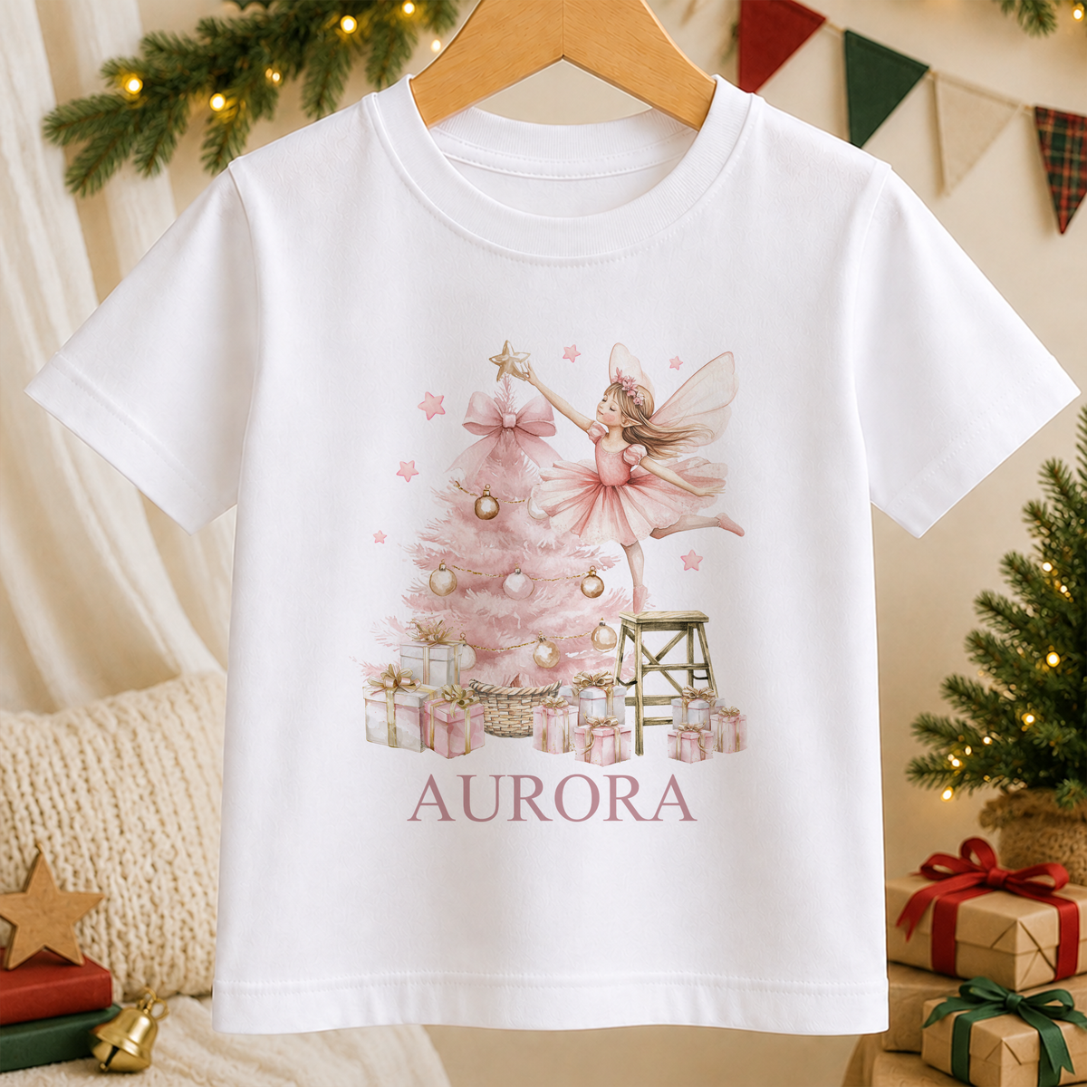 Personalised Sugar Plum Fairy kids Christmas t-shirt in white with a custom name