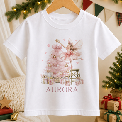 Personalised Sugar Plum Fairy kids Christmas t-shirt in white with a custom name