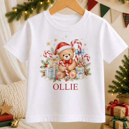 Personalised Candy Cane Teddy kids Christmas t-shirt in white with a custom name