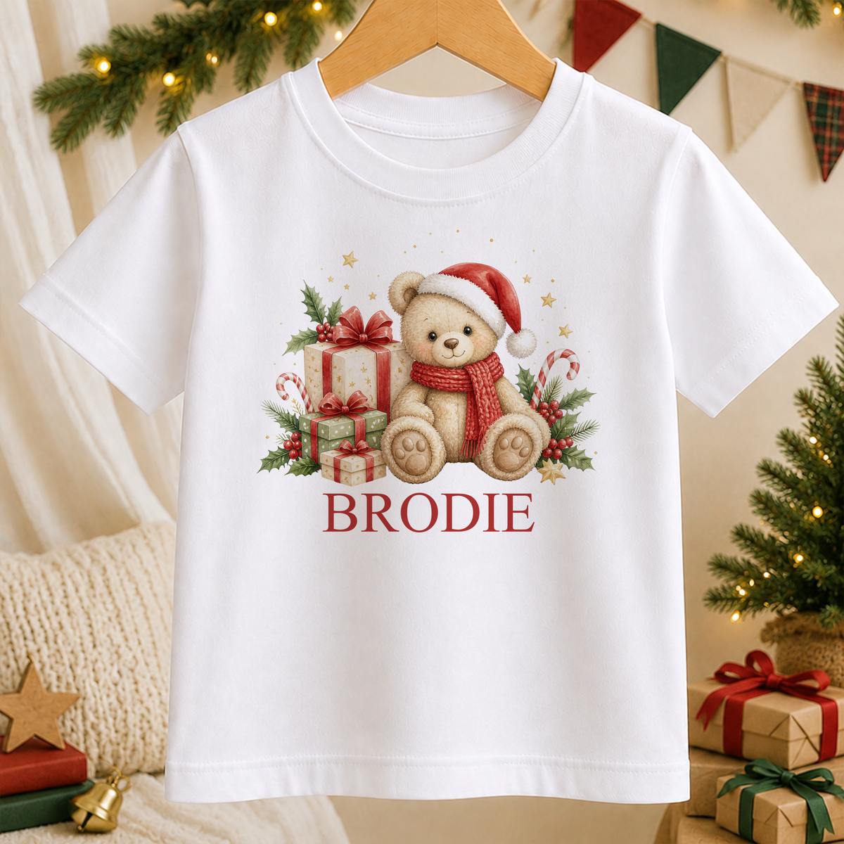 Personalised Cosy Scarf Teddy kids Christmas t-shirt in white with a custom name