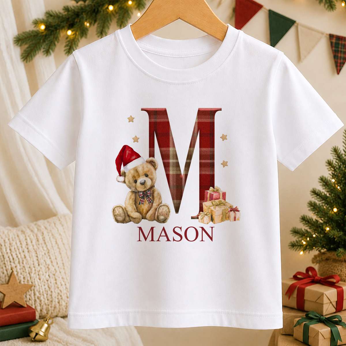 Personalised Tartan Initial Teddy kids Christmas t-shirt in white with a custom name