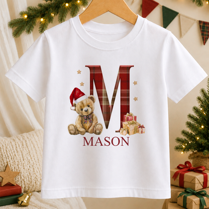 Personalised Tartan Initial Teddy kids Christmas t-shirt in white with a custom name