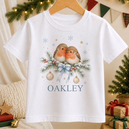 Personalised Two Robins kids Christmas t-shirt in white with a custom name