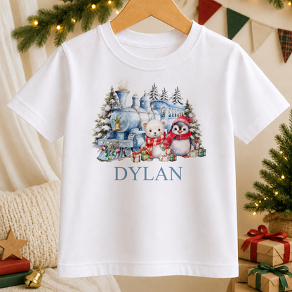 Personalised Winter Christmas Train kids Christmas t-shirt in white with a custom name