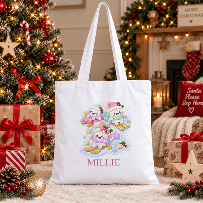 Personalised Snowman Ski Day Christmas tote bag with a custom name