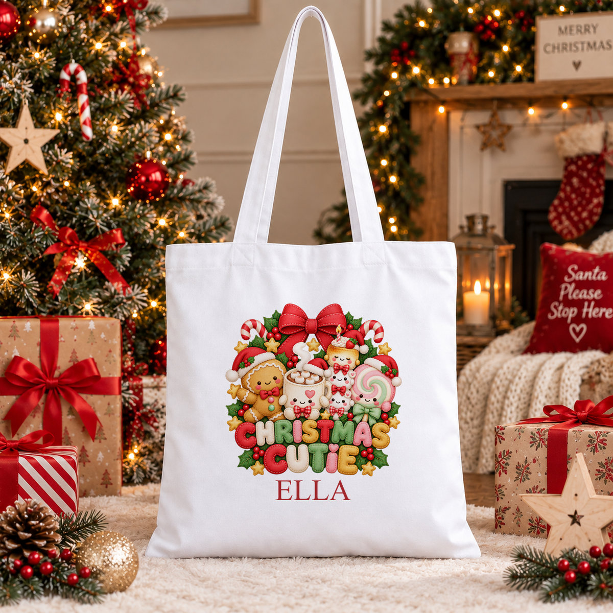 Personalised Christmas Cutie Christmas tote bag with a custom name
