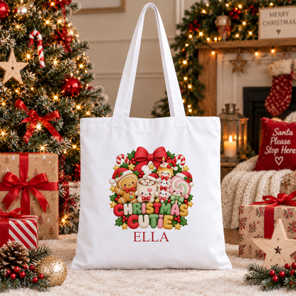 Personalised Christmas Cutie Christmas tote bag with a custom name