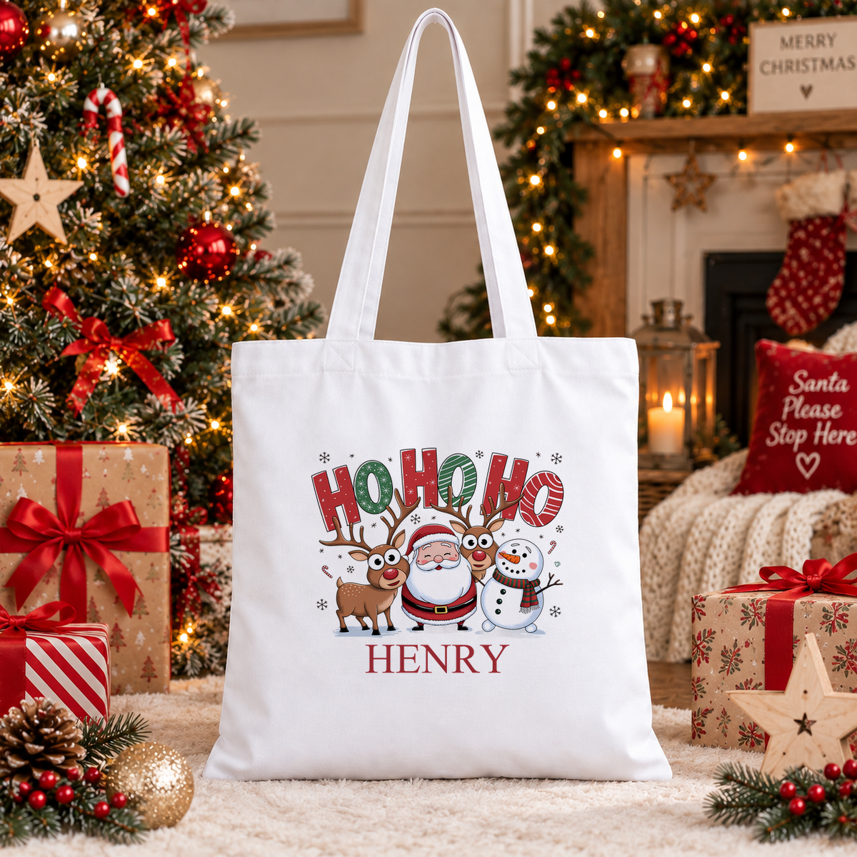Personalised Ho Ho Ho Christmas tote bag with a custom name