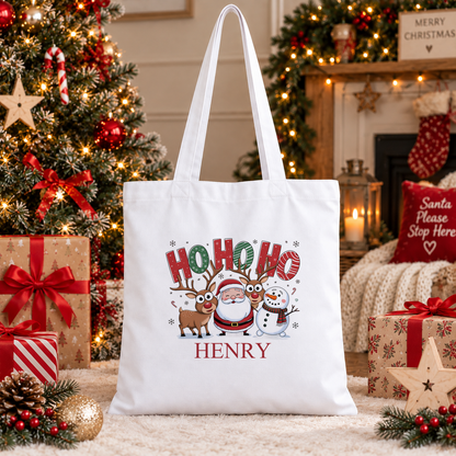Personalised Ho Ho Ho Christmas tote bag with a custom name