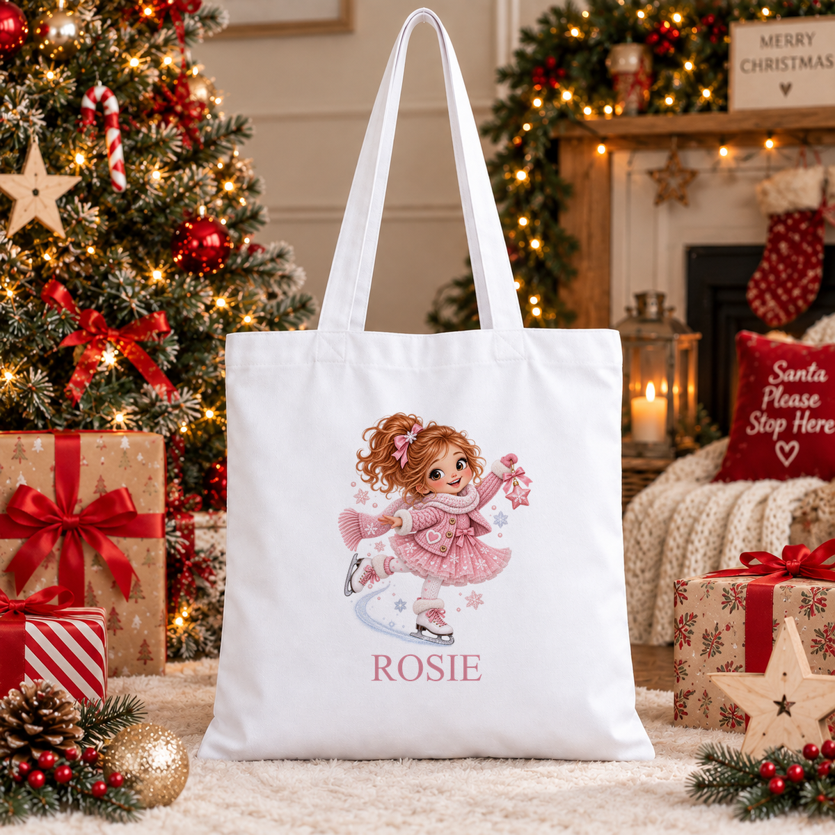 Personalised Ice Skating Girl Christmas tote bag with a custom name