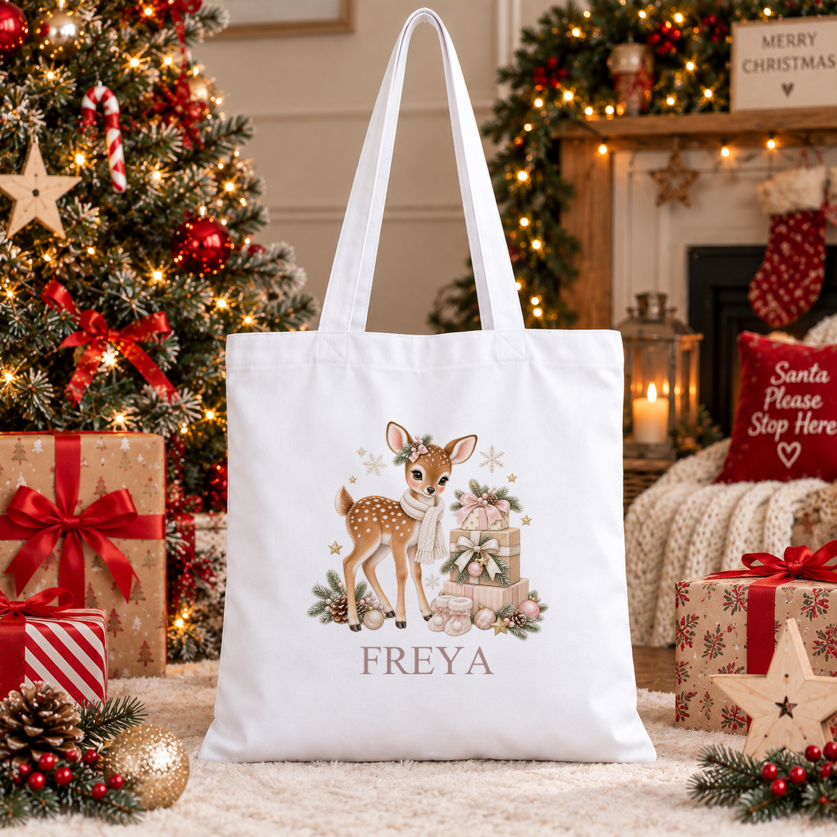 Personalised Fawn and Gift Stack Christmas tote bag with a custom name