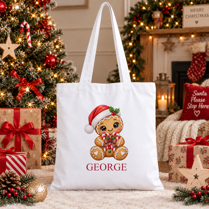 Personalised Gingerbread Candy Cane Heart Christmas tote bag with a custom name