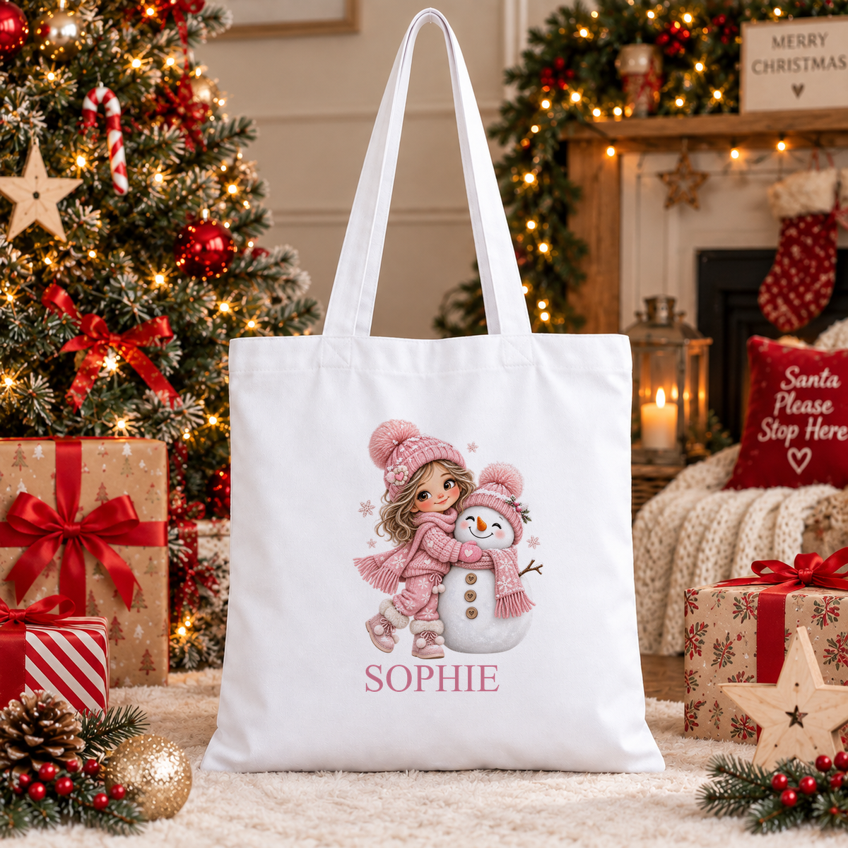 Personalised Brunette Girl and Snowman Christmas tote bag with a custom name