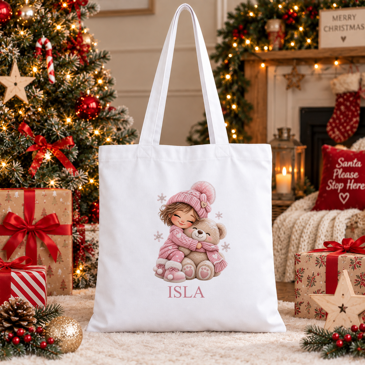 Personalised Girl Hugging Teddy Christmas tote bag with a custom name