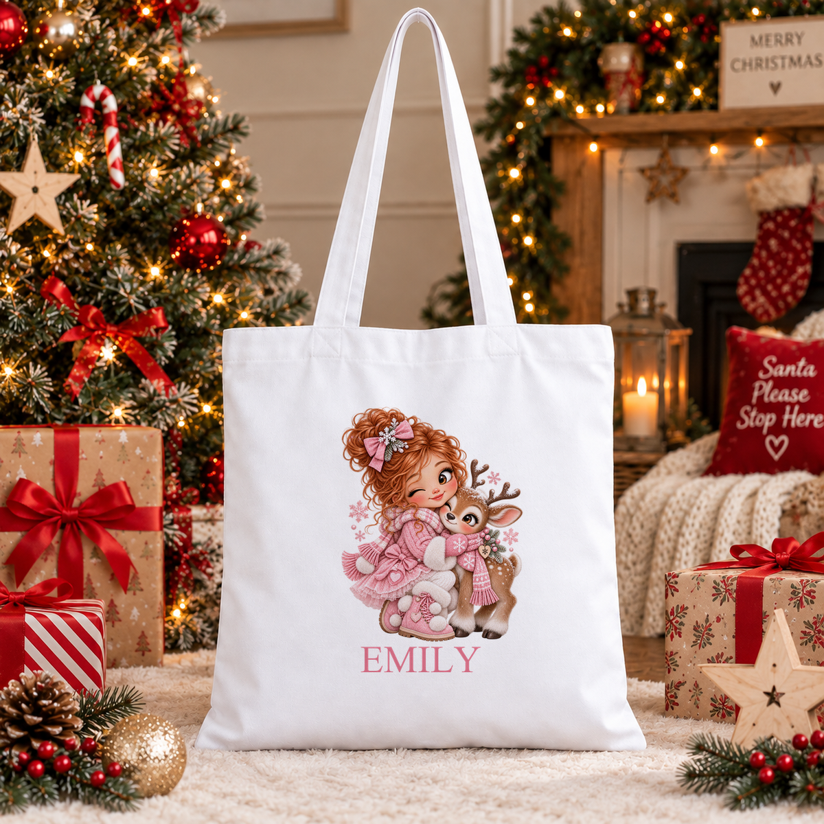 Personalised Girl Hugging Reindeer Christmas tote bag with a custom name