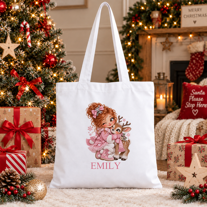 Personalised Girl Hugging Reindeer Christmas tote bag with a custom name