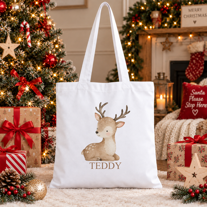 Personalised Baby Reindeer Christmas tote bag with a custom name