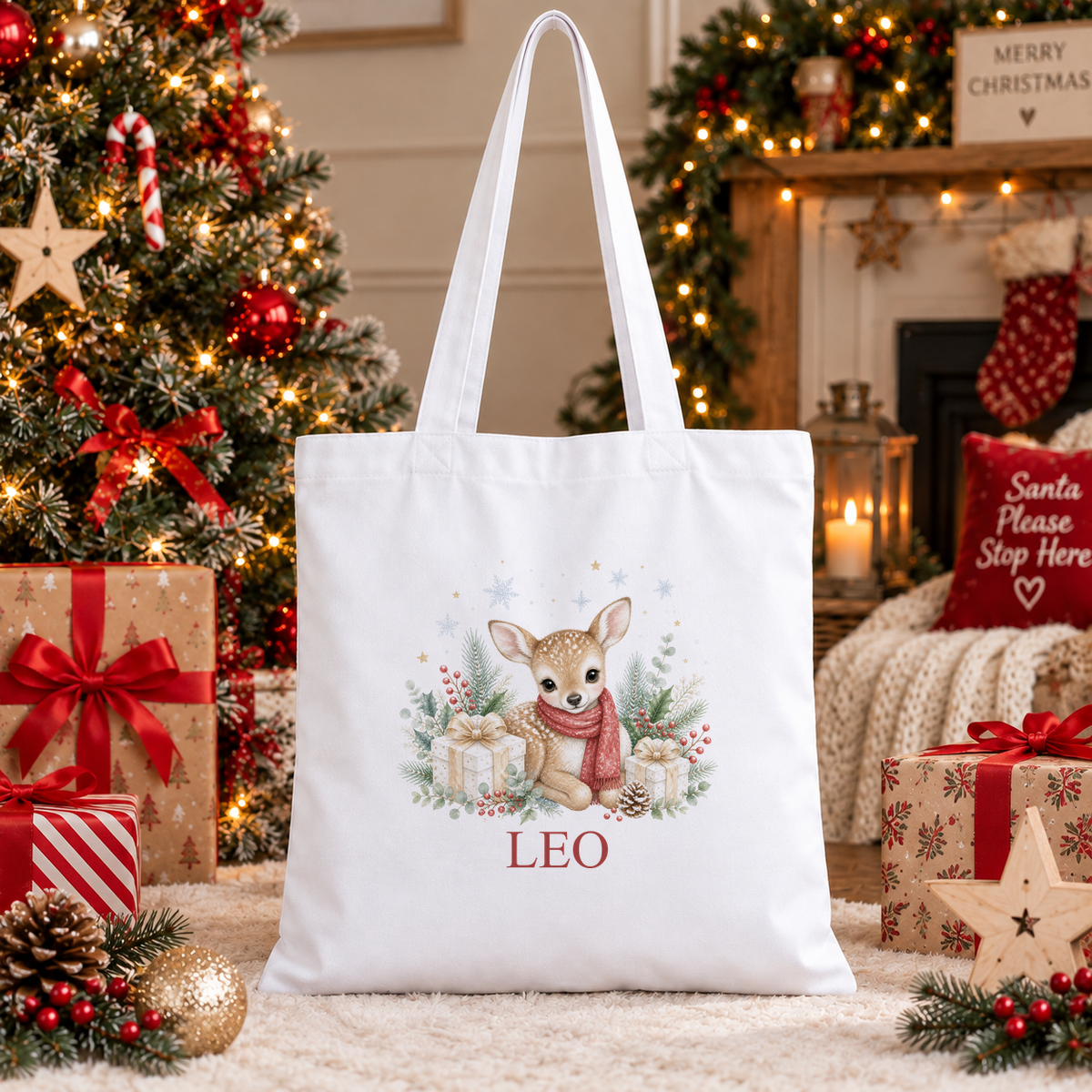 Personalised Baby Deer Red Scarf Christmas tote bag with a custom name
