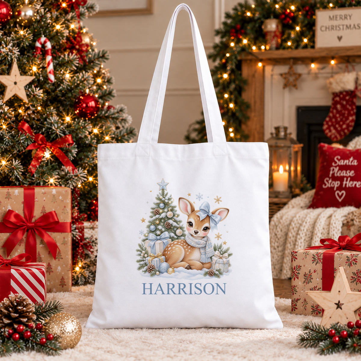Personalised Blue Bow Fawn Christmas tote bag with a custom name