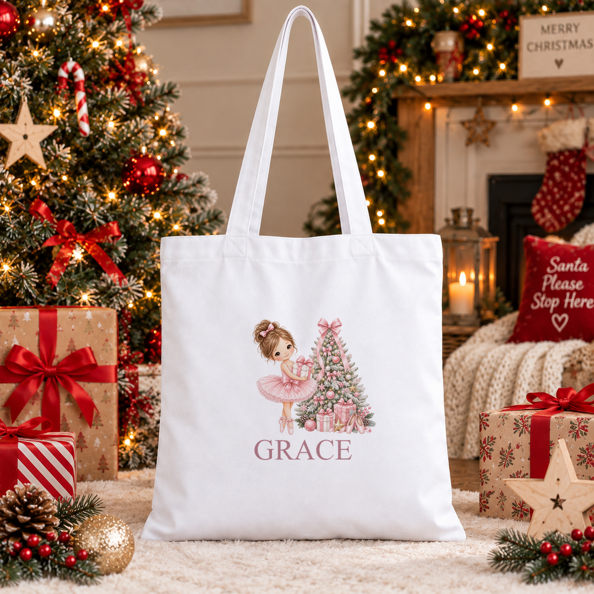 Personalised Pink Tree Ballerina Christmas tote bag with a custom name