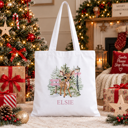 Personalised North Pole Fawn Pink Bow Christmas tote bag with a custom name