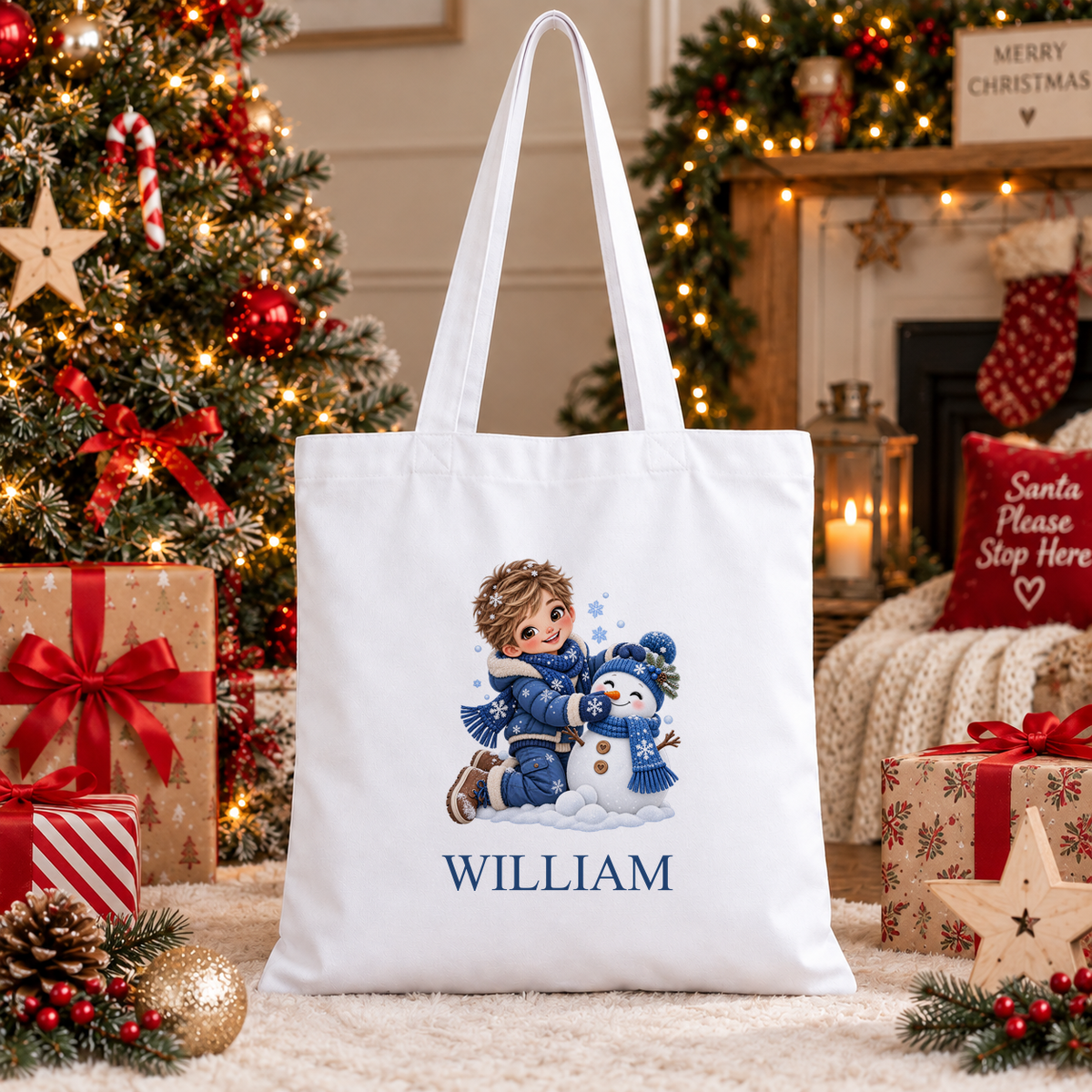 Personalised Boy Building Snowman Christmas tote bag with a custom name