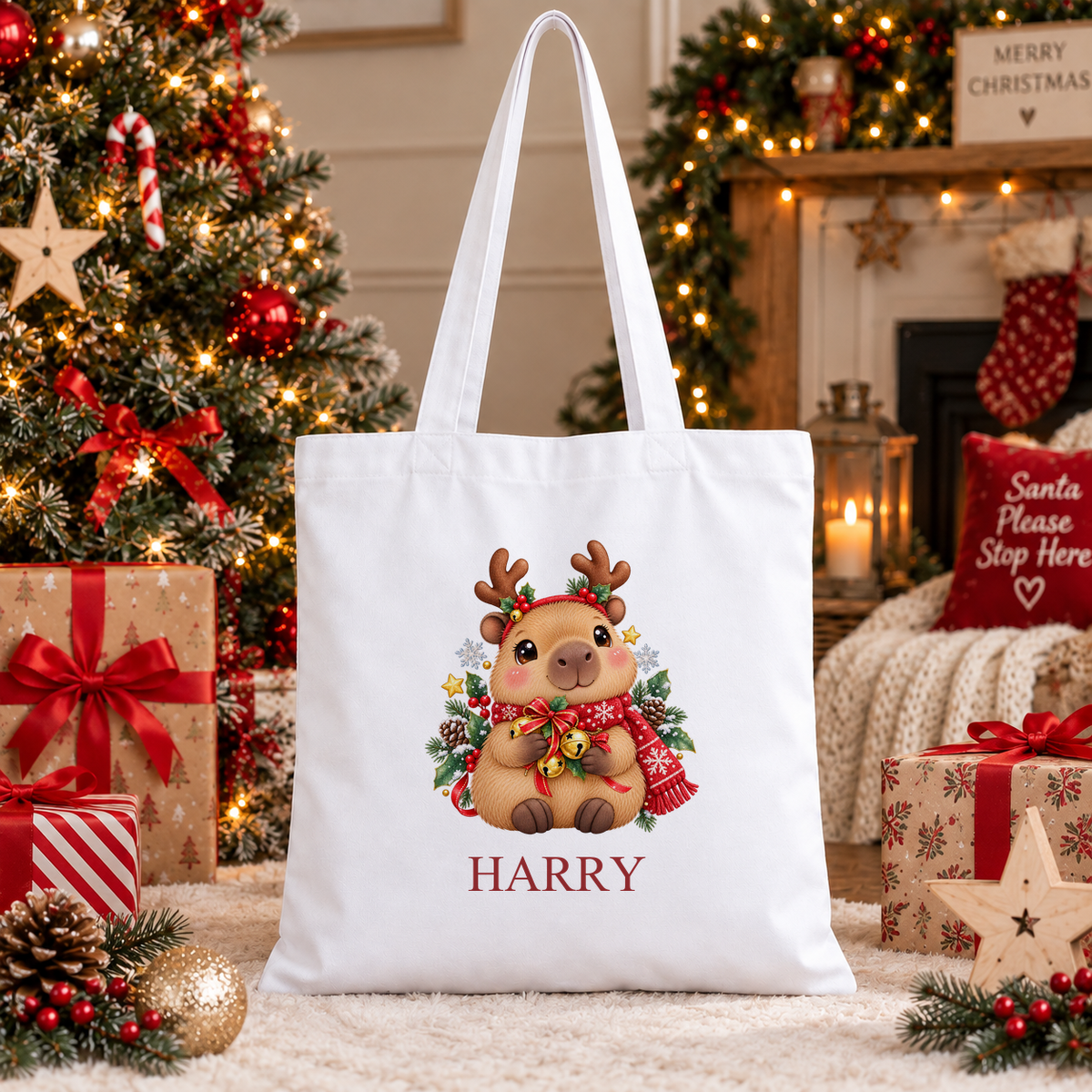 Personalised Capybara Reindeer Christmas tote bag with a custom name