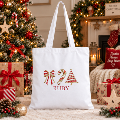 Personalised Bow, Candy Cane and Tree Christmas tote bag with a custom name