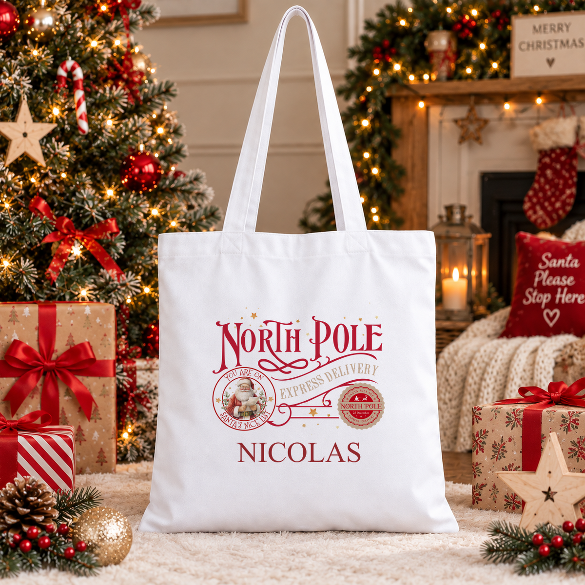 Personalised North Pole Express Santa Stamp Christmas tote bag with a custom name