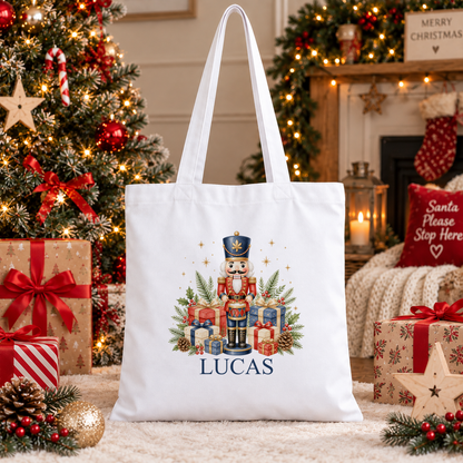 Personalised Nutcracker Drummer Christmas tote bag with a custom name