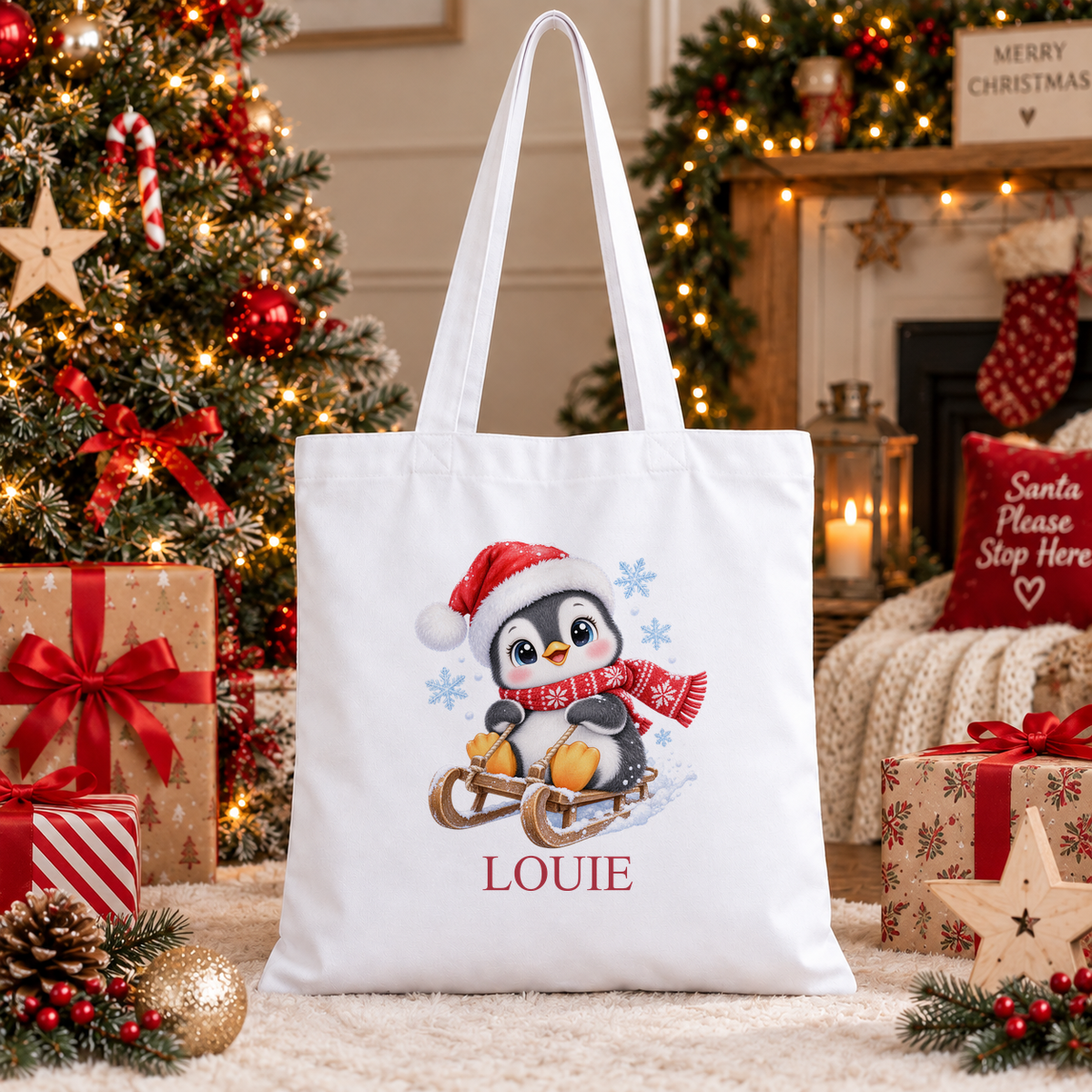Personalised Sledging Penguin Christmas tote bag with a custom name