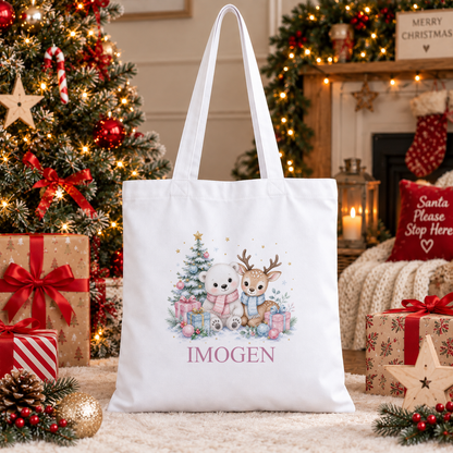 Personalised Polar Bear and Fawn Friends Christmas tote bag with a custom name