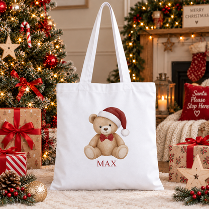 Personalised Classic Santa Hat Teddy Christmas tote bag with a custom name