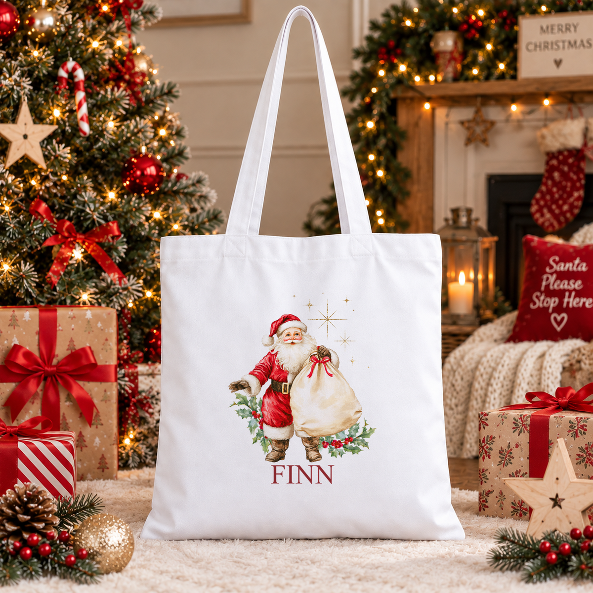 Personalised Vintage Father Christmas Christmas tote bag with a custom name