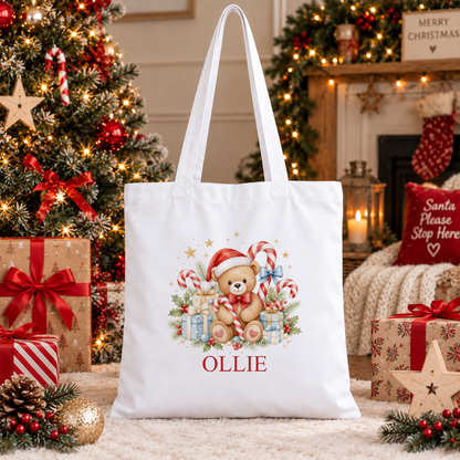 Personalised Candy Cane Teddy Christmas tote bag with a custom name