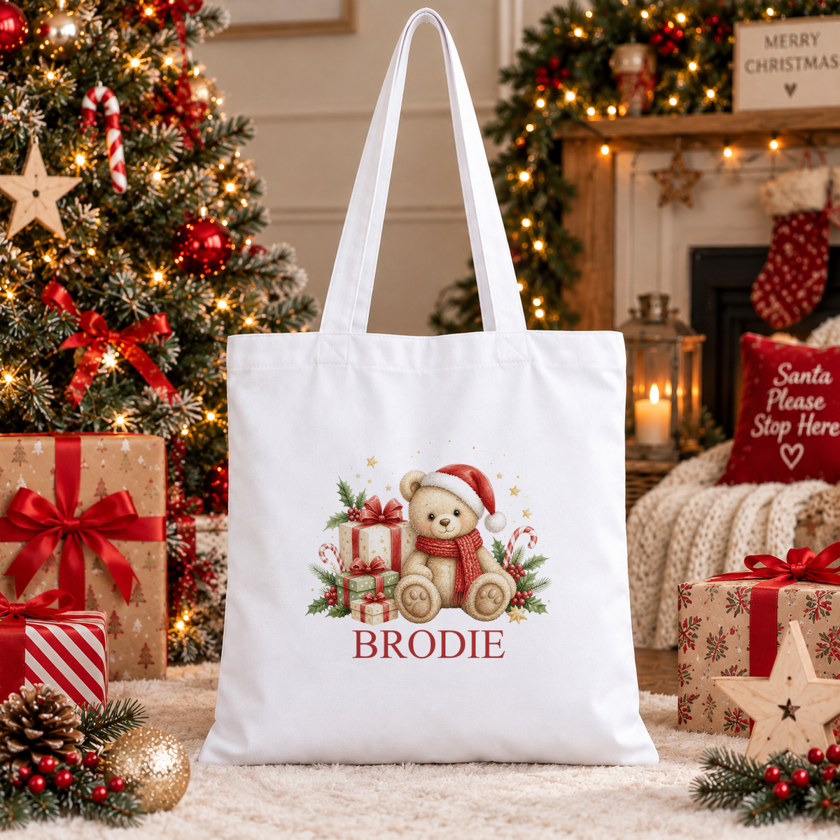 Personalised Cosy Scarf Teddy Christmas tote bag with a custom name