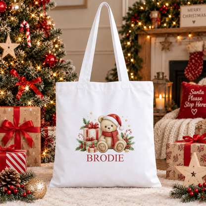 Personalised Cosy Scarf Teddy Christmas tote bag with a custom name