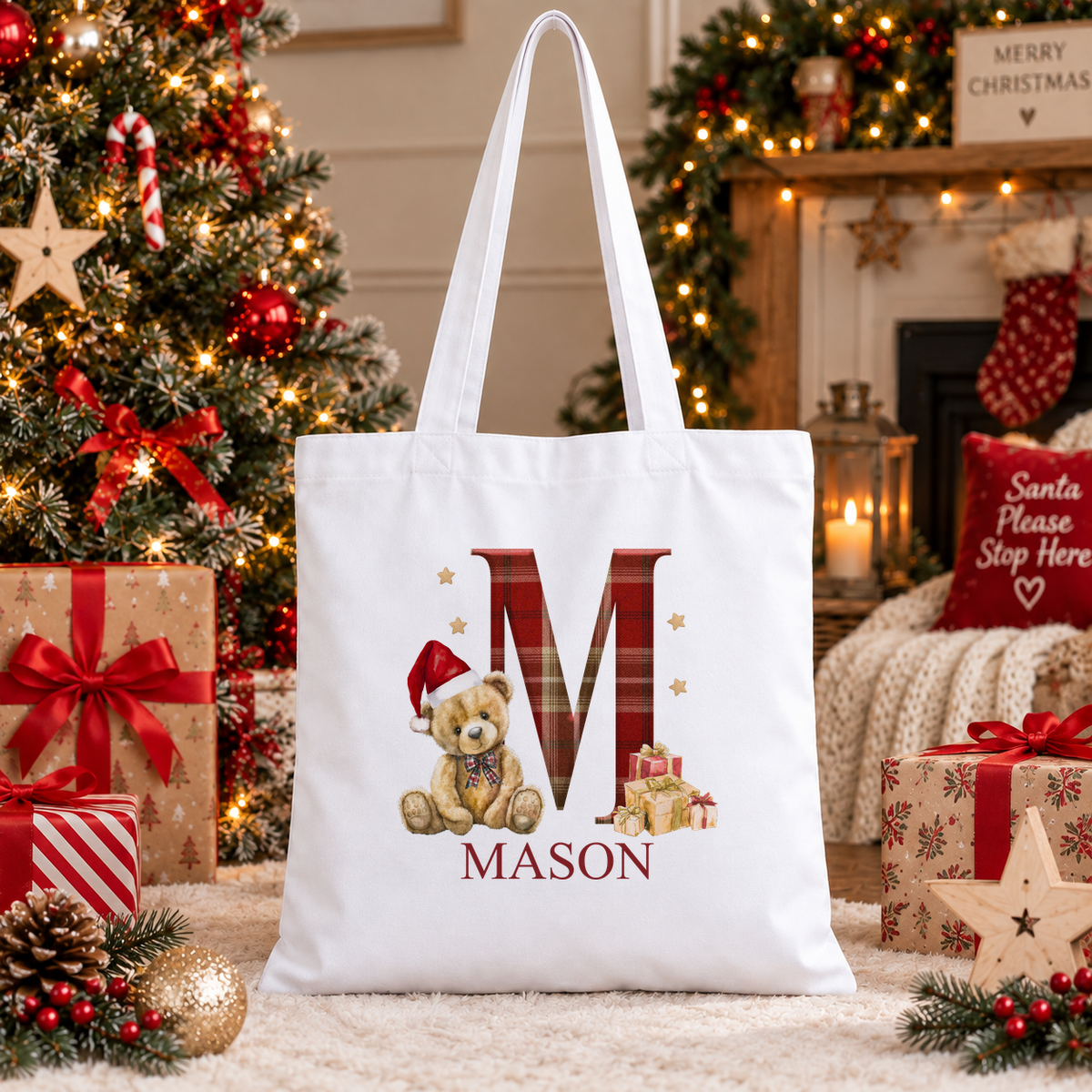 Personalised Tartan Initial Teddy Christmas tote bag with a custom name