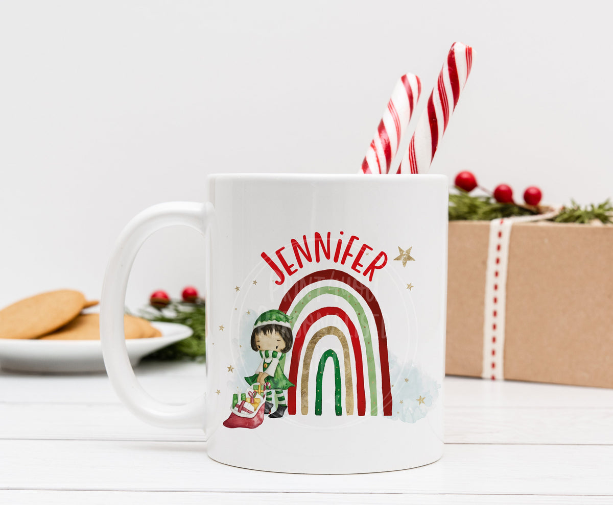 Girl Elf Rainbow personalised White mug boys Christmas stocking filler gift