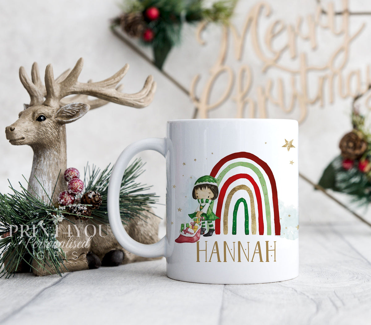 Girl Elf Rainbow personalised White mug boys Christmas stocking filler gift